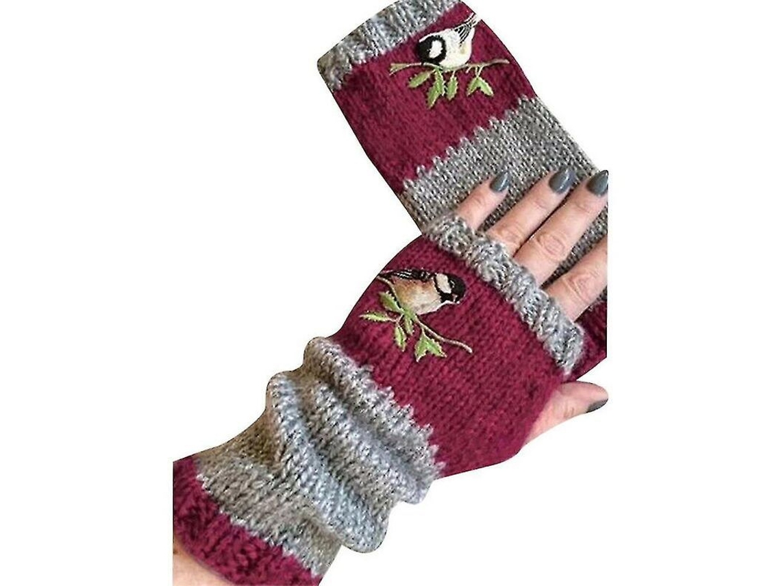 2026-guantes Sin Dedos De Punto Para Mujer Con Bordado De Aves Calientes