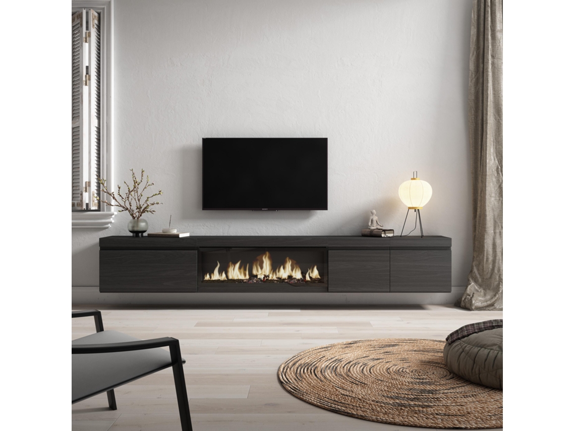 Mueble TV, Televisión, 288x45x35 cm, Para TV gran formato, Chimenea eléctrica XXL, Colgado, Suspendido, Negro SKRAUT HOME