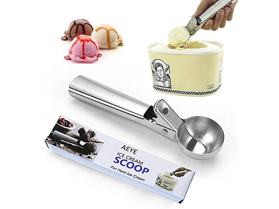 Colher de sorvete em aço inoxidável 2026 com gatilho, antiderrapante, multiuso para frutas, melão e almôndegas.