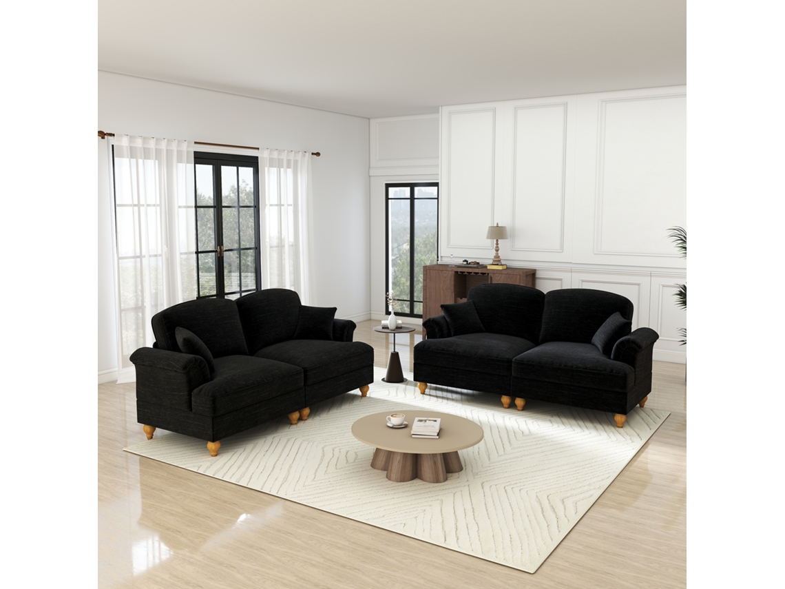 Sofá Modular L 4 Plazas - Chenille, Brazos Cónicos, Falda Extraíble, Patas Torneadas, Reposapiés - Negro