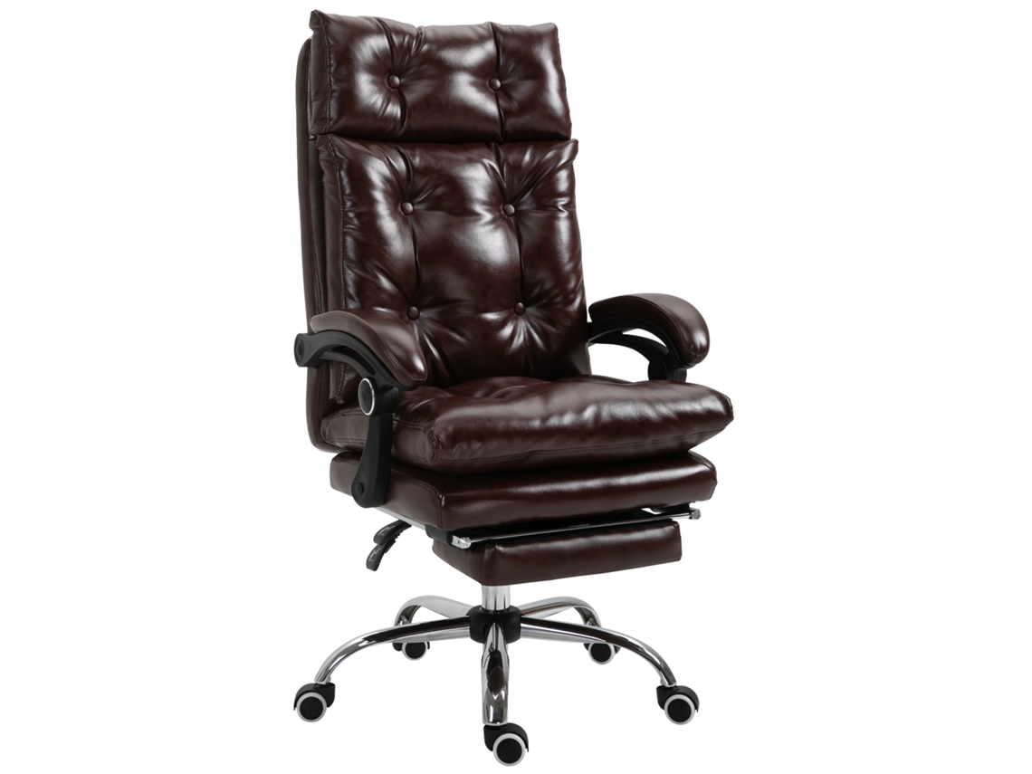 Silla de oficina ergonómica con altura regulable, respaldo reclinable y reposapiés retráctil, en color marrón.