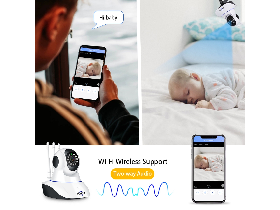 Cámara IP inalámbrica con Wi-Fi HD 1080p, visión nocturna y detección de movimiento para la seguridad del hogar.