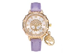 Reloj De Pulsera Para Mujer Con Correa Redonda De Pu, Diamantes De Imitación Y Decoración De Árbol Morado.