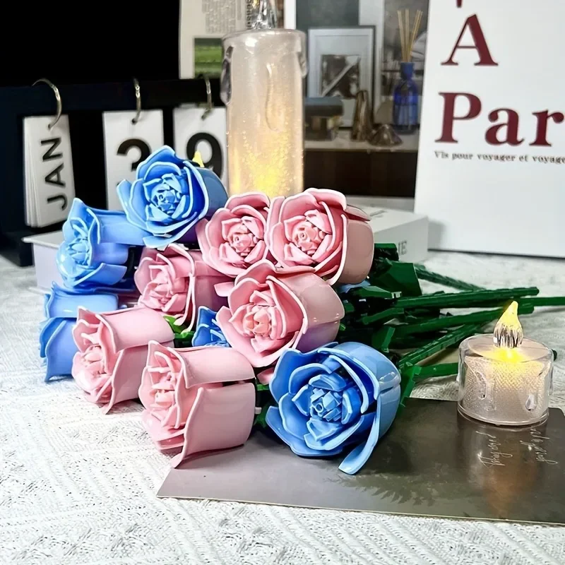 (11 Piezas (5 Azules, 6 Rosas)) Juguete De Flores Con Bloques De Construcción De Rosas Preservadas En 3d