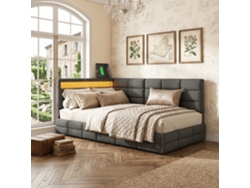 Diván Y Sofá Cama 90x200 Cm Con Iluminación Y Usb, Estructura De Cama Individual Tapizada En Lino Con 2 Cajones Y Compartimentos, Gris