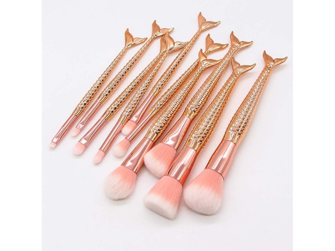 Juego De 10 Brochas De Maquillaje Con Temática De Sirenas, Con Purpurina Color Oro Rosa Y Cerdas Sintéticas Para La Aplicación Diaria Del Maquillaje.