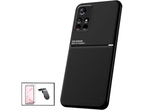 Kit Funda Magnetic Lux, Protector Cristal Templado 5D Full Cover Curved y Soporte Magnético L Safe Driving Xiaomi Poco M4 Pro 5G PHONECARE Negro