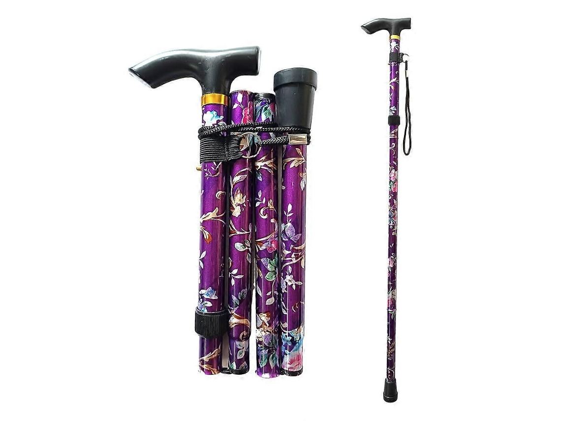 Bastón plegable unisex para mujeres y personas mayores, ligero, ajustable en altura y con estampado floral morado.