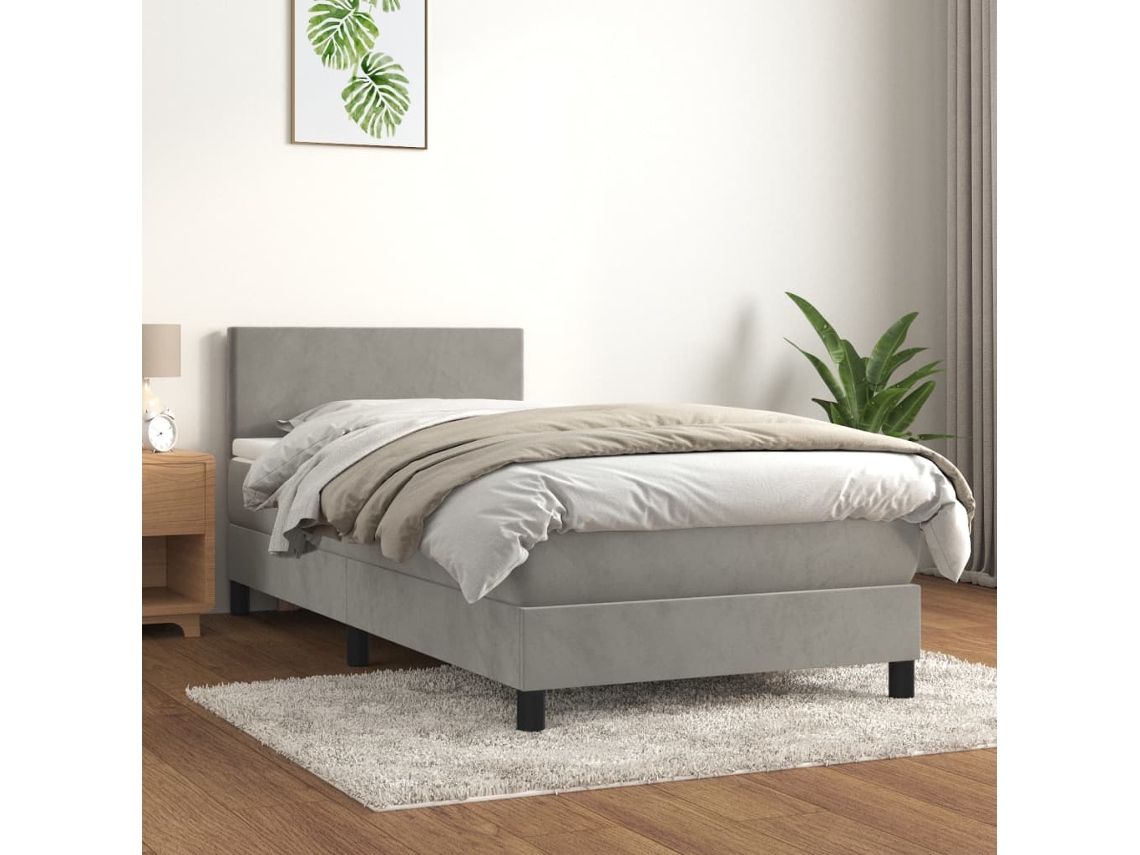 Cama Box Spring Con Colchón Terciopelo Gris Claro 80x200 Cm