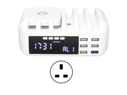 Cargador Multifuncional De 5 Puertos Con Carga Usb Rápida Y Reloj Digital Para Teléfonos Móviles, Enchufe Británico De 110-240 V.