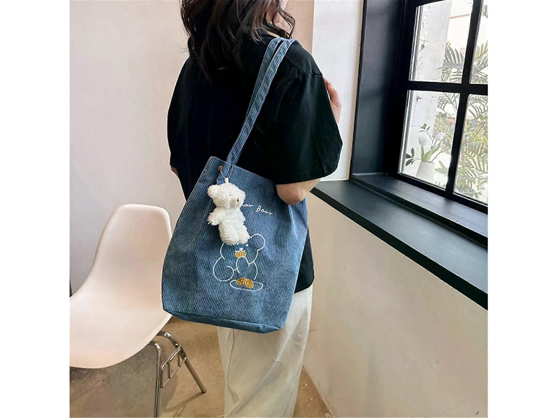 Bolso de hombro plegable de pana con bordado de oso de dibujos animados para mujer, grande y ecológico para ir de compras. GOKOCO