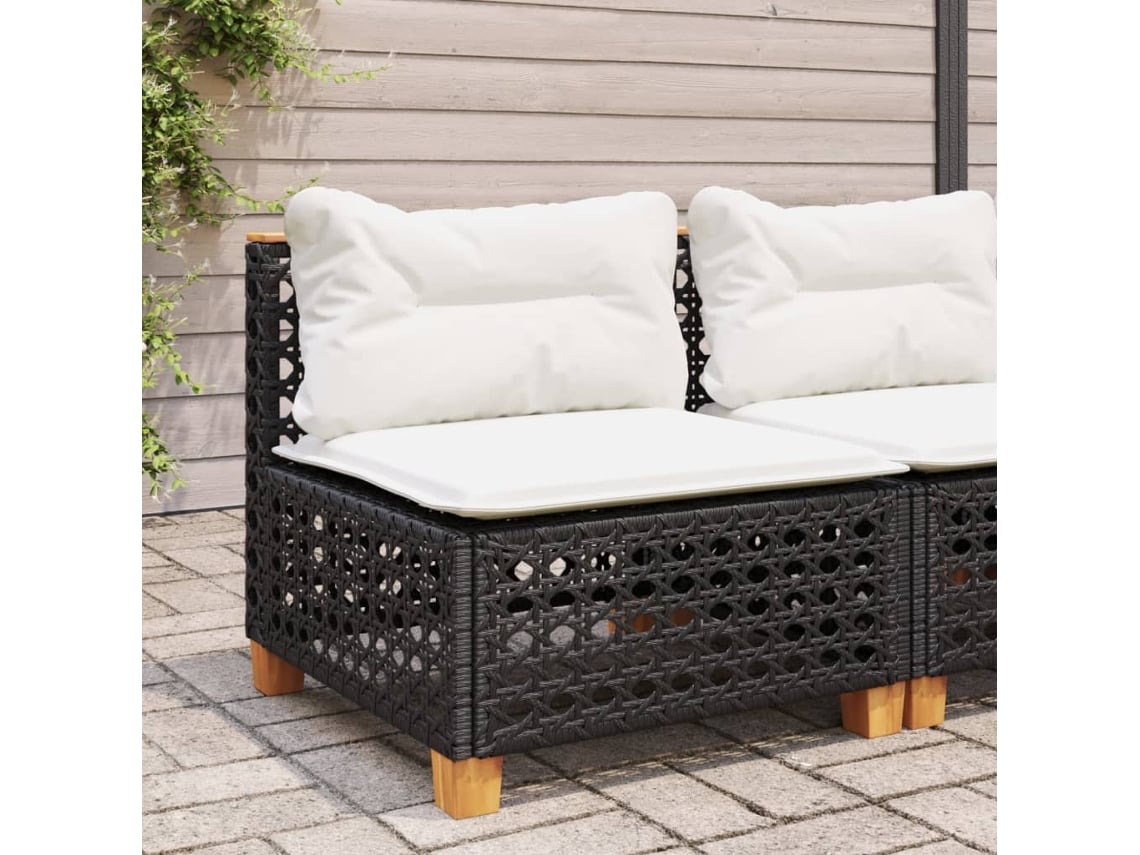 Sofá de jardín sin brazos con cojines de mimbre sintético negro, Dkd Home Decor