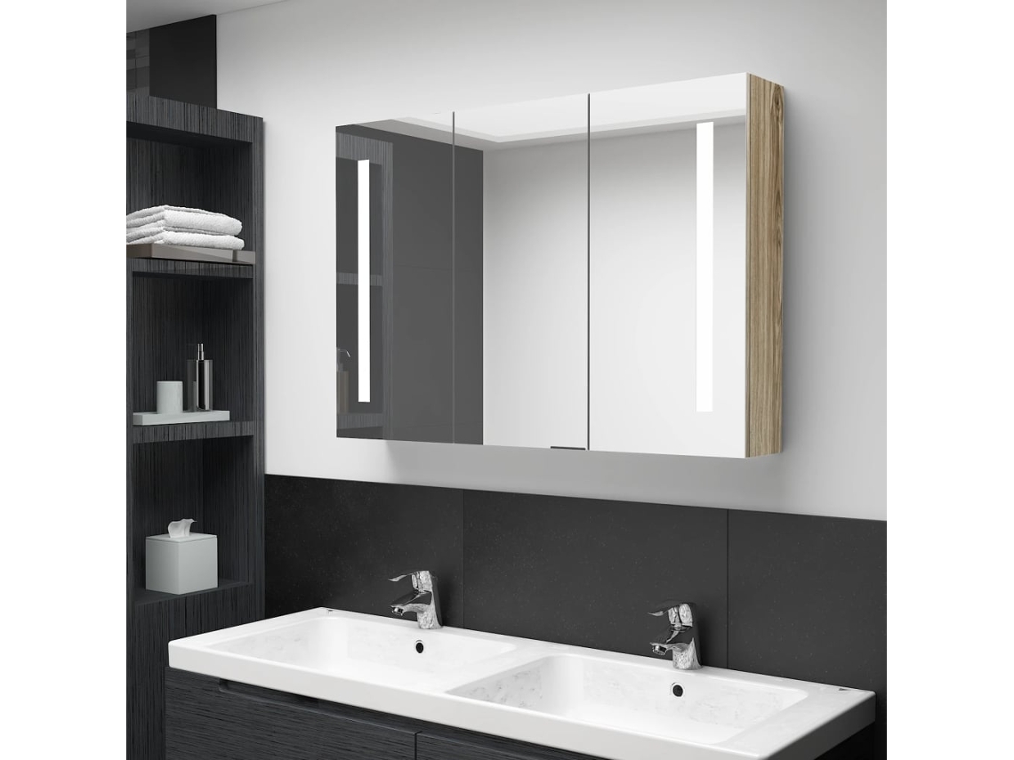 Armario de baño con espejo e iluminación LED, 89x14x62 cm, roble.