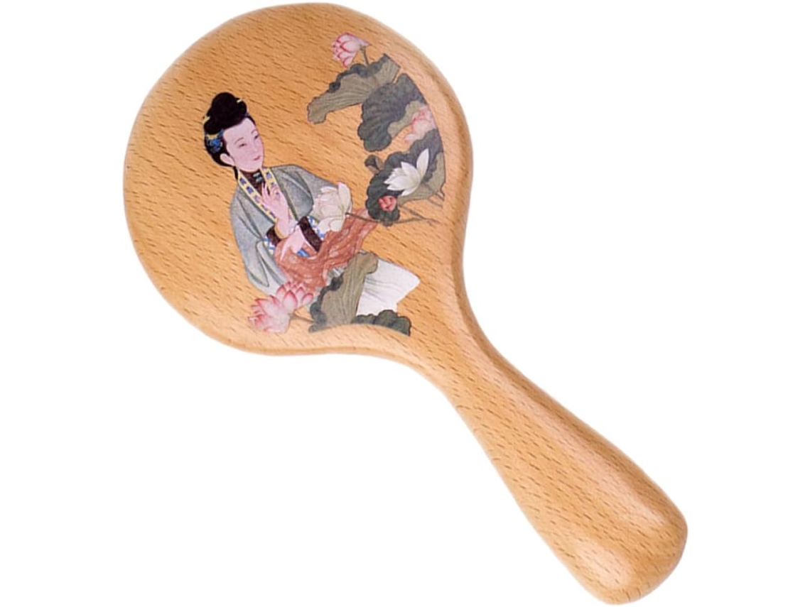Miroir De Maquillage Portátil En Bois Poignée En Hêtre Cosmétique Rétro Grand Format 18 X 9 Cm Lé...
