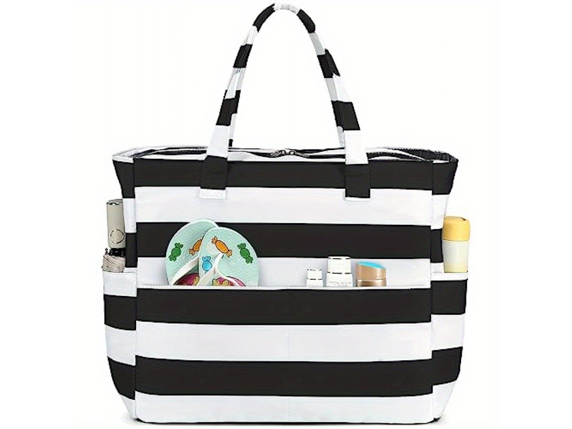 Bolso Tote A Rayas - Bolso De Mujer De Gran Capacidad - Bolso De Viaje - Rayas Llamativas En Blanco Y Negro