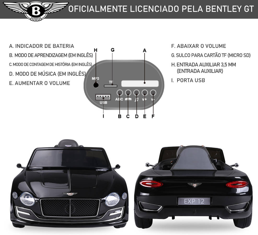 Carro Eléctrico HOMCOM Bentley GT (Negro - 108x60x43cm  - Edad: 3 Años)