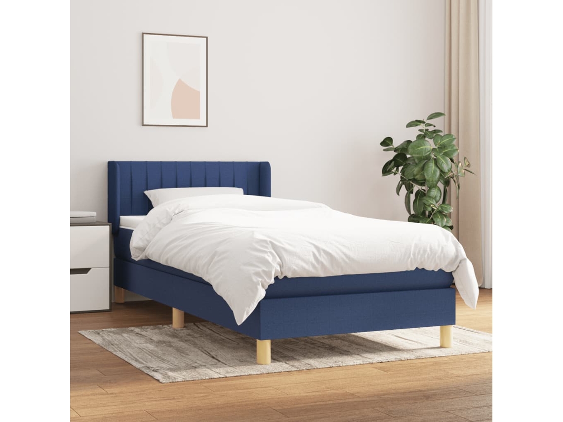 Cama Box Spring Con Colchón Tela Azul 90x200 Cm