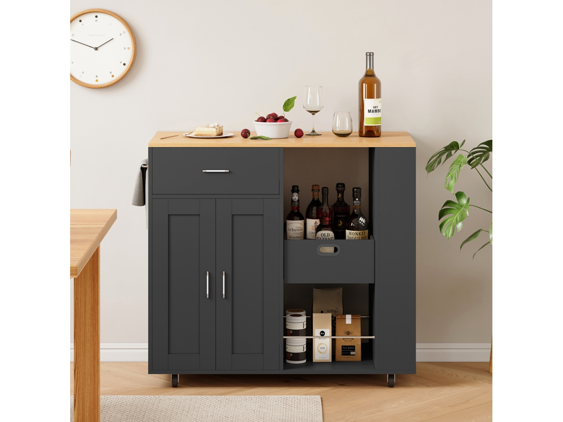 Isla de cocina con ruedas, armario de cocina con espacio de almacenamiento, 3 especieros, cajones, estantes abiertos, color negro
