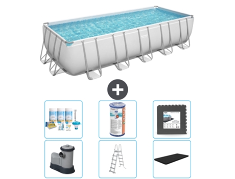 Piscina BESTWAY Rectangular Power Steel - 640 x 274 x 132 - Gris - Incluida bomba - Escalera - Cobertor Paquete de mantenimiento - Filtrar - Baldosas