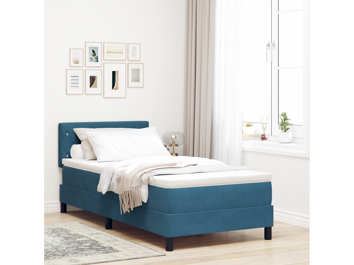 Cama Box Spring Con Colchón Terciopelo Azul Oscuro 90x190 Cm