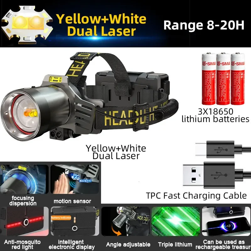 Linterna frontal LED recargable con láser dual (luz blanca-amarilla), alta potencia, resistente al agua, ultrabrillante.