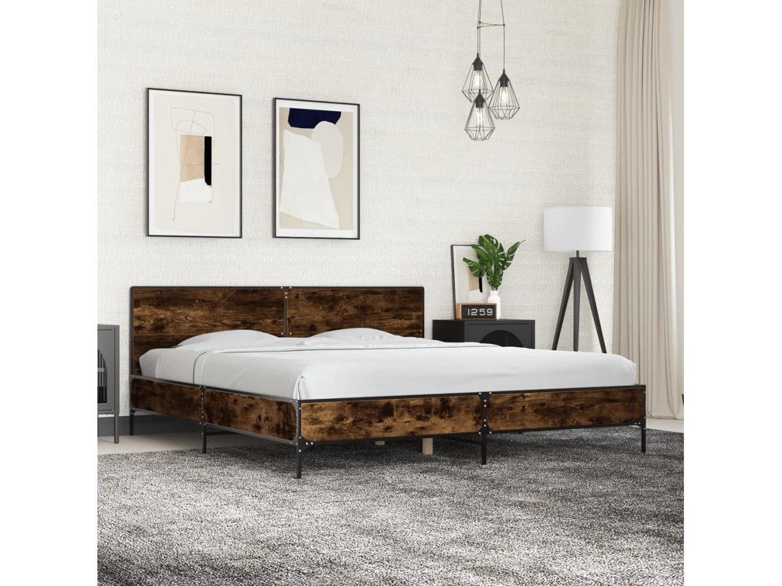Estructura Cama Madera Ingeniería Metal Roble Ahumado 180x200cm