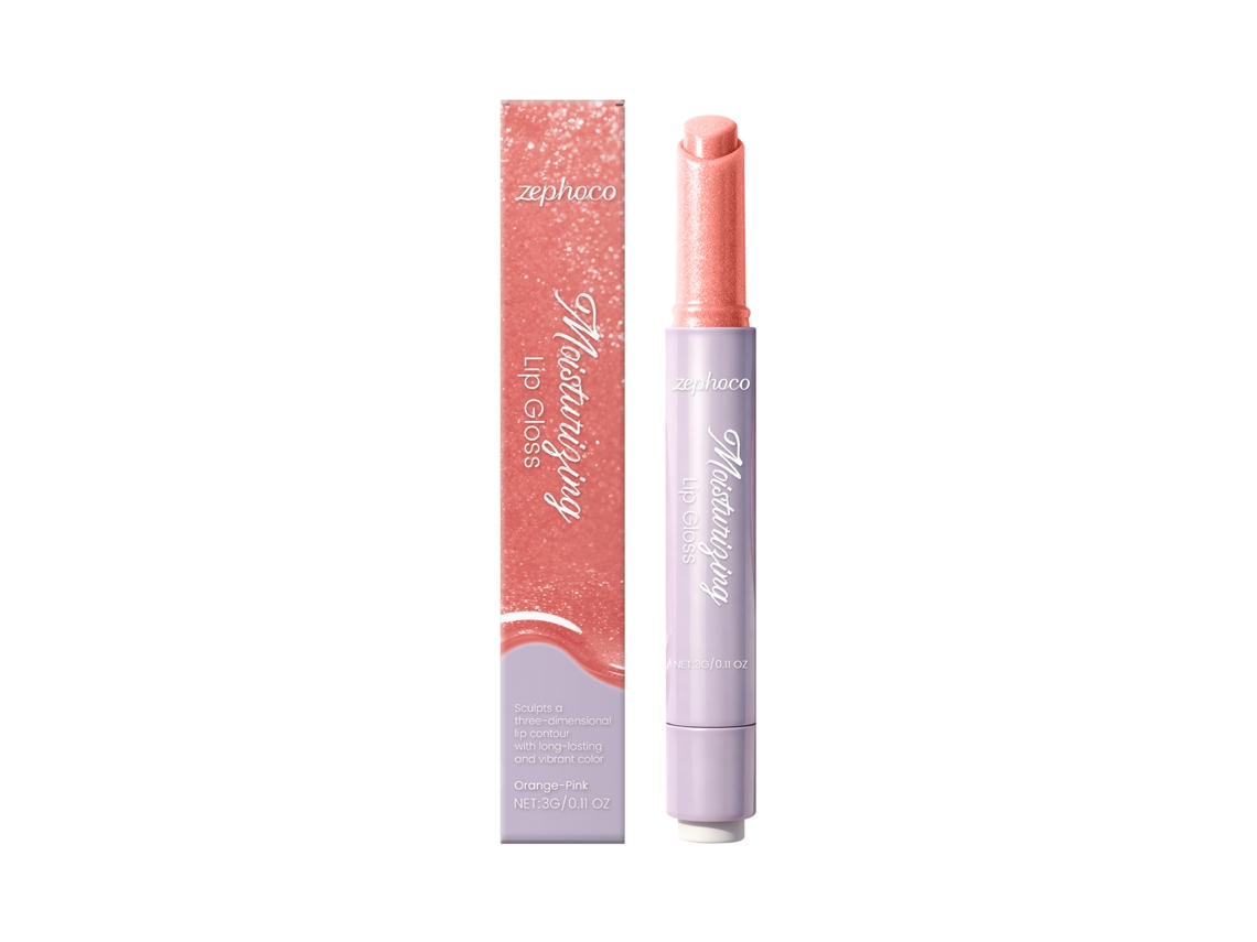 Brillo labial hidratante y voluminizador en tono rosa anaranjado.