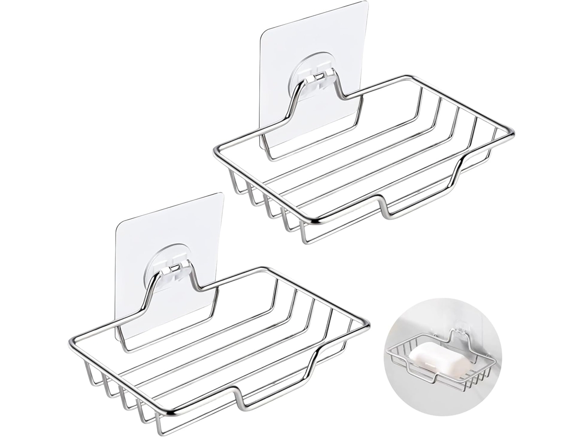 2 jaboneras - No requiere perforación - Soporte de acero inoxidable - Montaje en pared para ducha - Soporte para esponja - Baño/Cocina