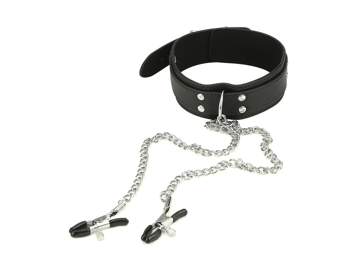 Collar De Restricción De Cuero Pu Con Pinzas De Pezones Para Bdsm Juego Sexo Herramienta