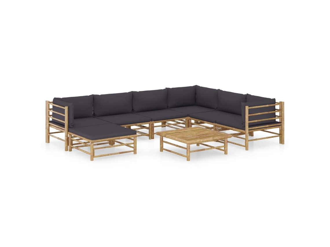 Conjunto 8 Peças Lounge Jardim Em Bambu C/ Almofadões Cinza Escuro Dkd Home Decor