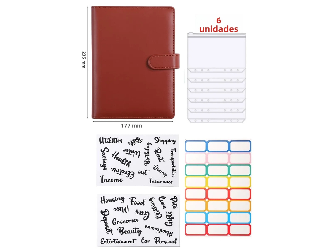 Carpeta de hojas sueltas A5 en piel sintética marrón MDUG con ocho accesorios