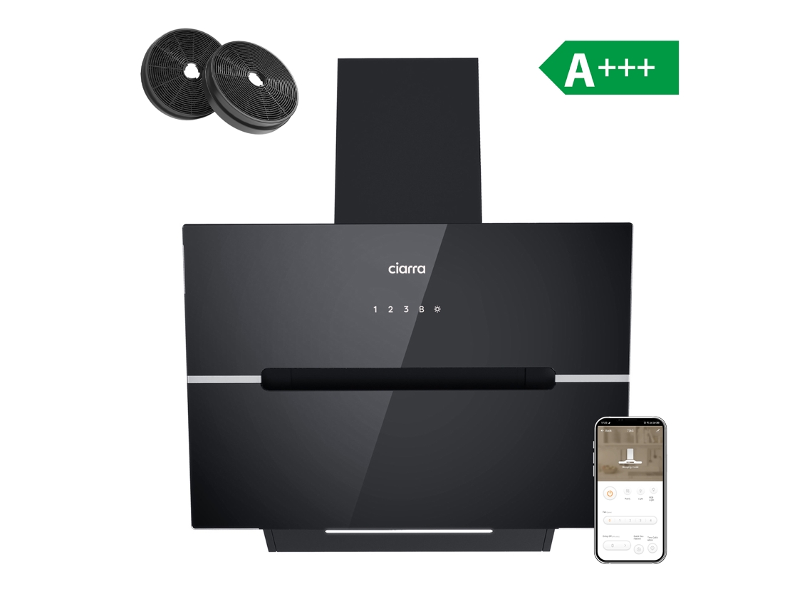 Ciarra Campana Extractor De Pared A+++ 60cm 650m³/h Boost Control Táctil/app Recirculación Con Filtros De Carbón (2 Piezas) 4 Modos Negro Cd6736fb