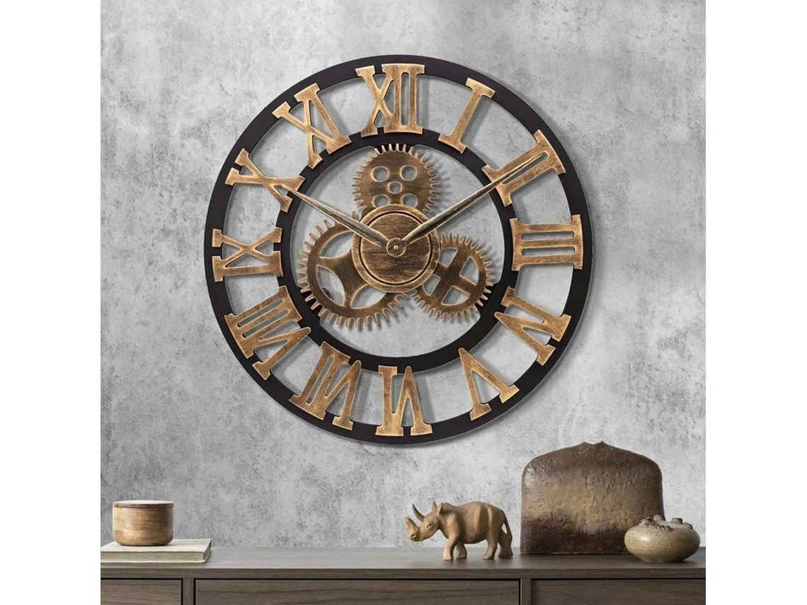 Reloj Mural Gigante Con Engranajes, Madera Y Estilo Industrial, 58cm, Silencioso