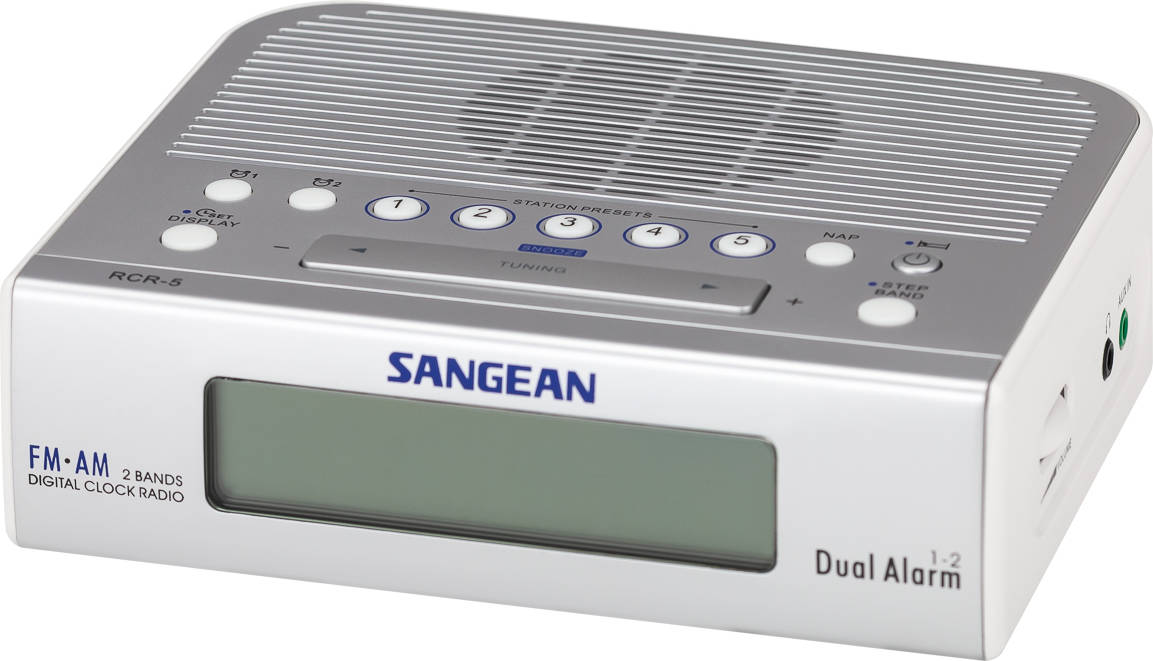 Radio Despertador Sangean rcr5 blanco digital amfm corriente alarma doble snooze temporizador dual reloj