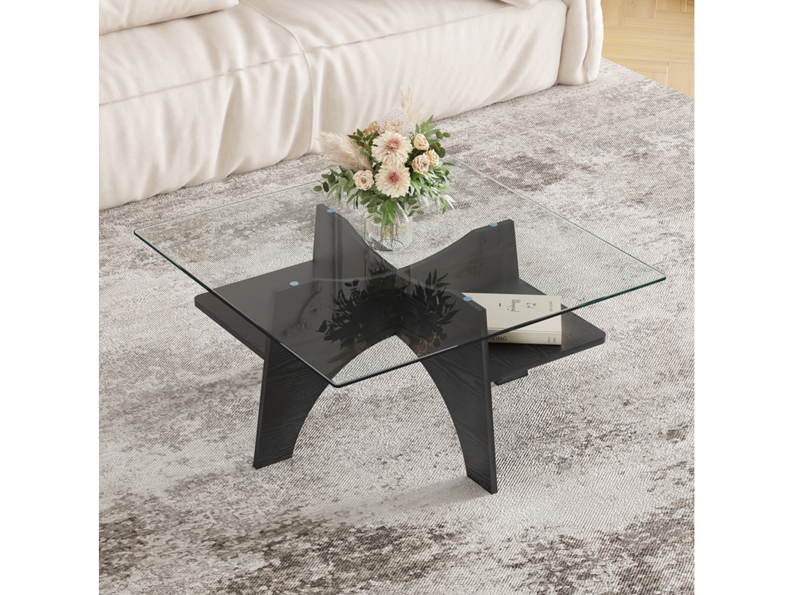 Mesa Auxiliar Cuadrada 80 Cm - Cristal Templado, Patas Mdf Efecto Madera - Negro