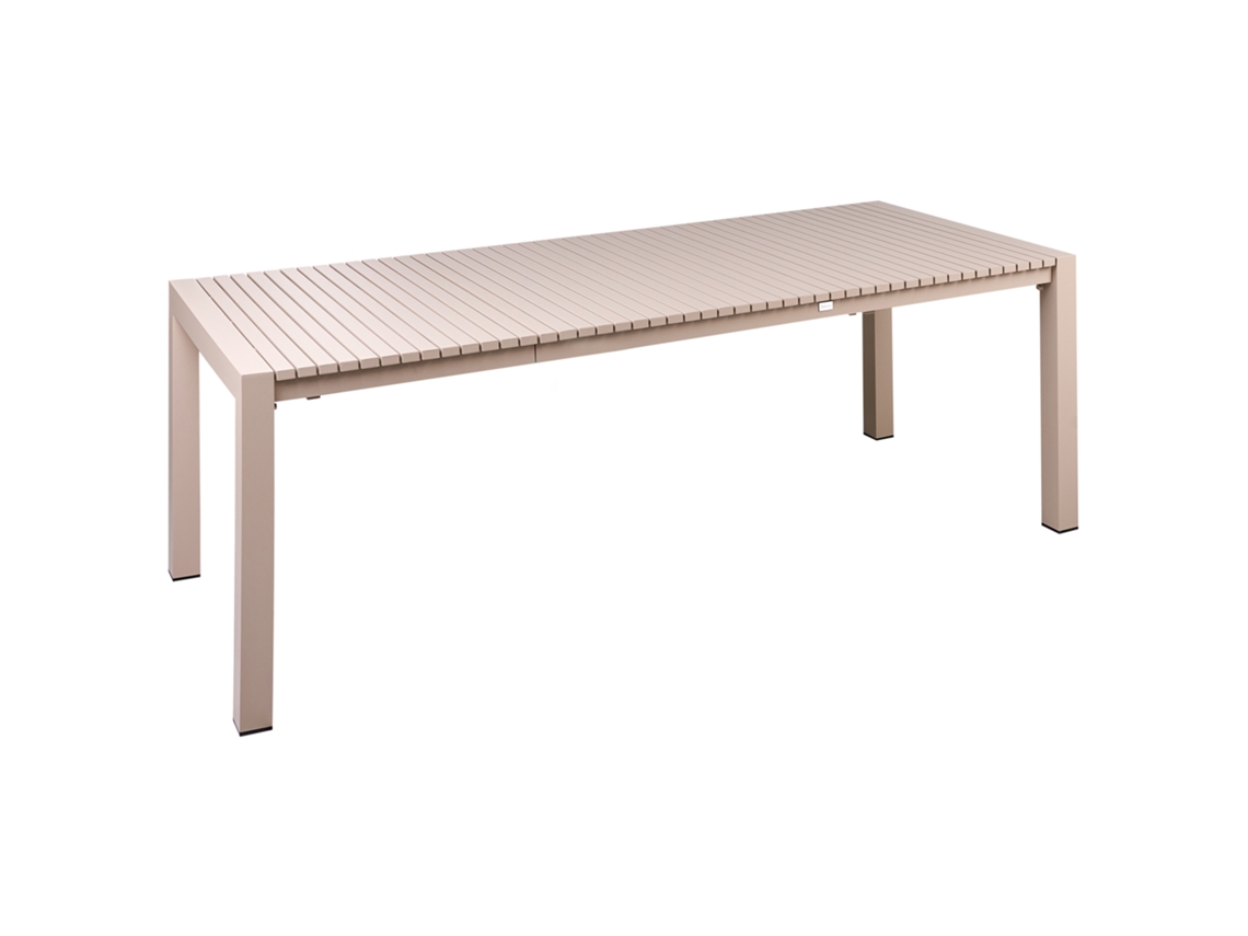 Mesa de comedor de jardín extensible Ardesio de 160/220 cm y 90 cm de diámetro, de metal color arena.