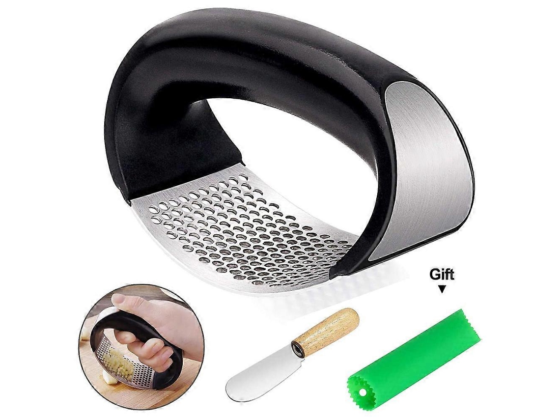 Prensa de ajos portátil de acero inoxidable con pelador de silicona, mango cómodo, fácil de usar y limpiar. Rosewell