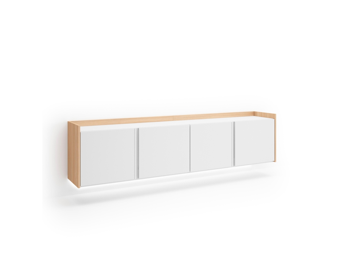 Mueble para TV, 207x35x50cm, para televisores de hasta 80'', montaje en pared, LED, blanco y roble claro.