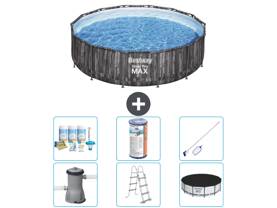 Piscina BESTWAY Round Steel Pro MAX - Impresión en madera - 427 x 107 cm - Incluye bomba - Escalera - Cobertor Accesorios CB32