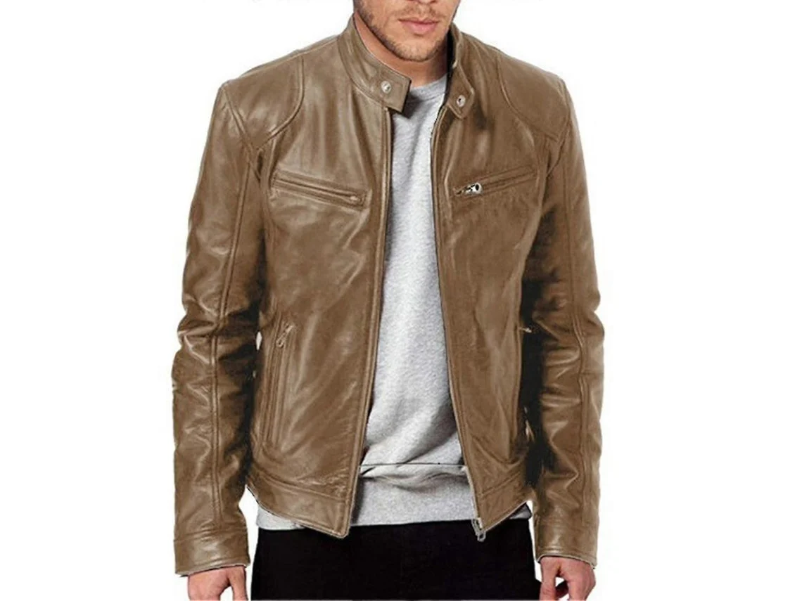 Chaqueta De Cuero Casual Para Hombre Cremallera Frontal Chaqueta Vintage Para Trabajo Conducción Viaje L Caqui