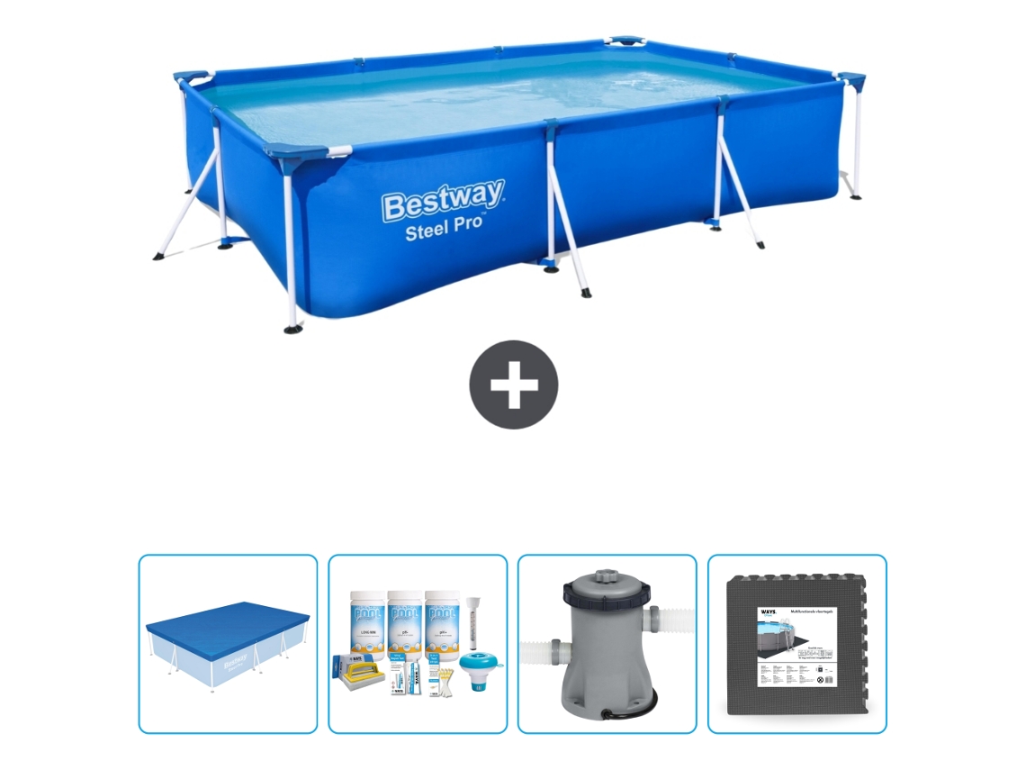 Piscina BESTWAY Rectangular Steel Pro - 300 x 201 x 66 cm - Azul - Incluida Cubrir - Paquete de mantenimiento - Bomba - Baldosas