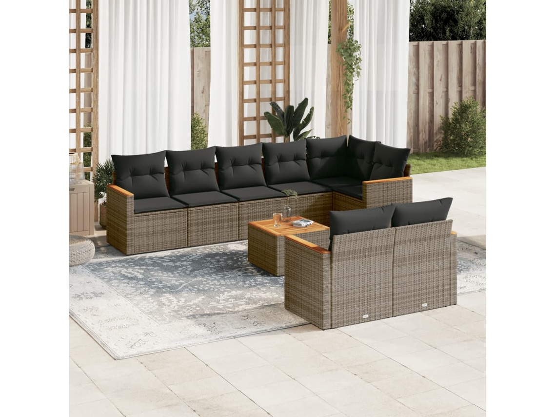 Conjunto de sofá de jardín de 9 piezas con cojines, mimbre gris, DKD Home Decor