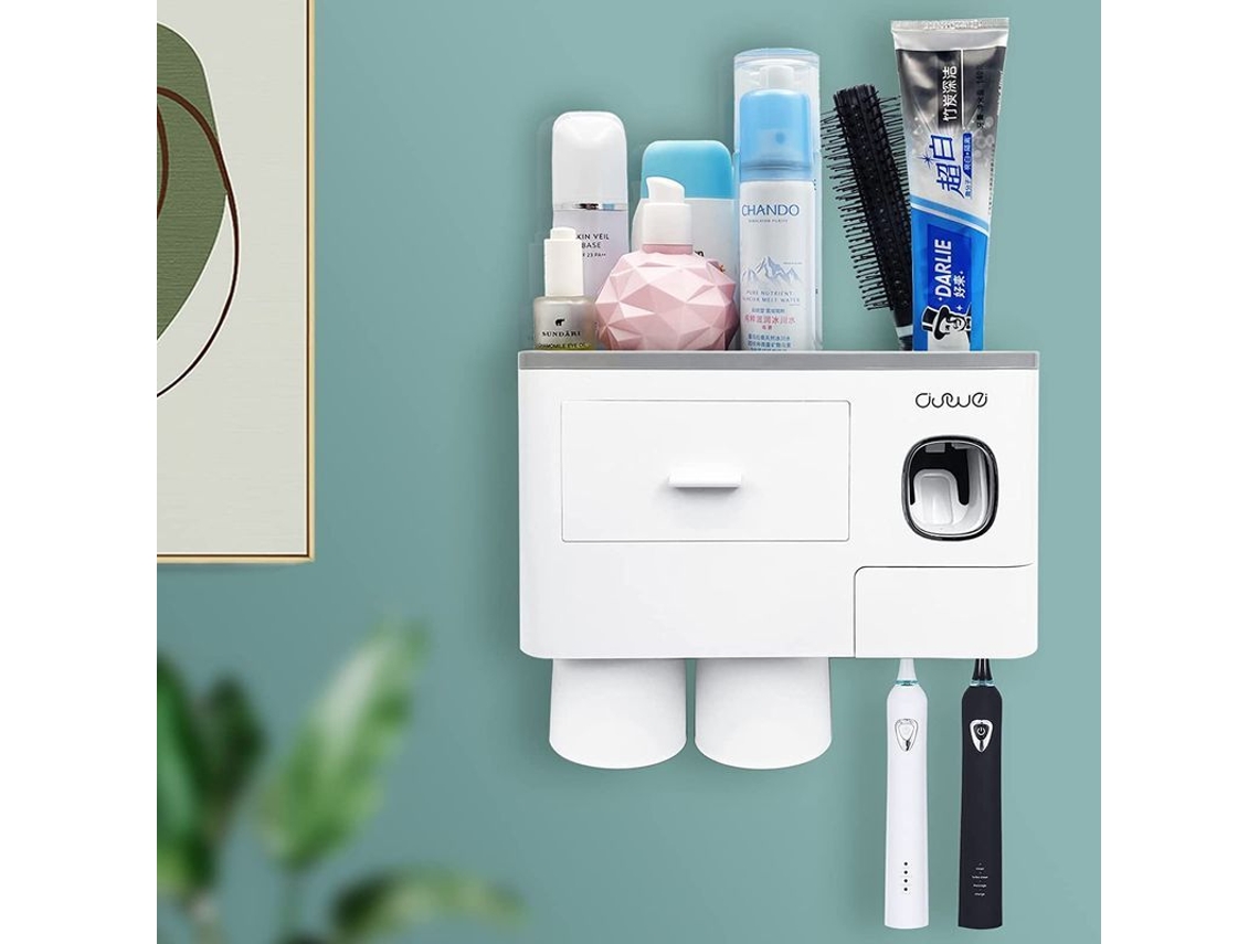 Soporte De Pared Para Cepillos De Dientes, Soporte Multifuncional Con Dispensador De Pasta De Dientes Y Cajón.