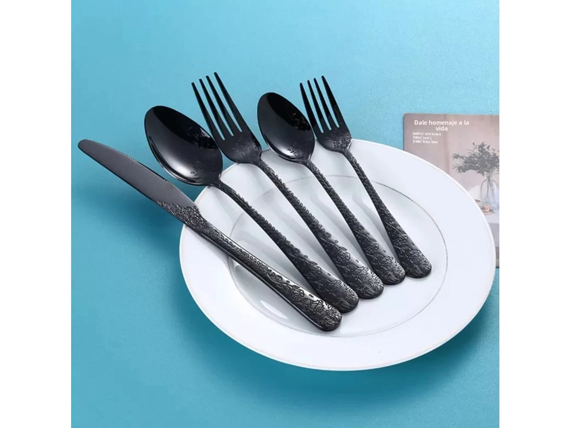 Juego De Cubiertos De Acero Inoxidable (negro, 5 Piezas), Juego De Cubiertos Dorados, Cuchillo, Tenedor Y Cuchara.