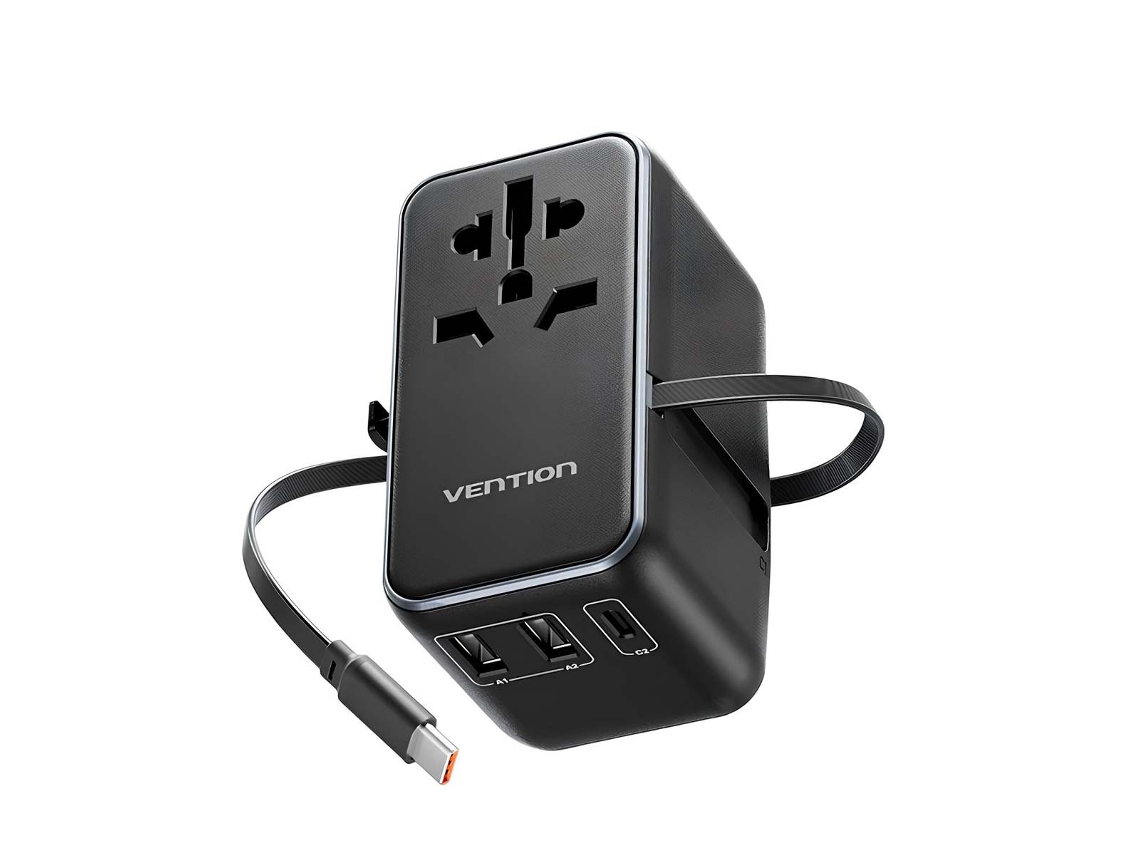Adaptador De Viaje Universal 3 Puertos Usb Con Cable Usb-c Tecnología Gan