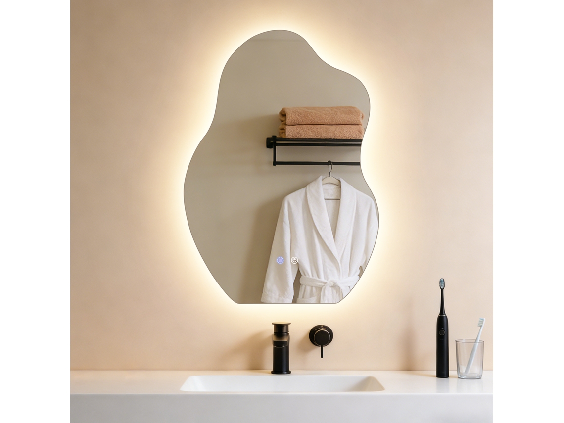 Zmh Espejo De Baño Led Asimétrico 50x70 Cm Ip44 Interruptor Táctil Función Antivaho Regulable 3000k-6500k Pared
