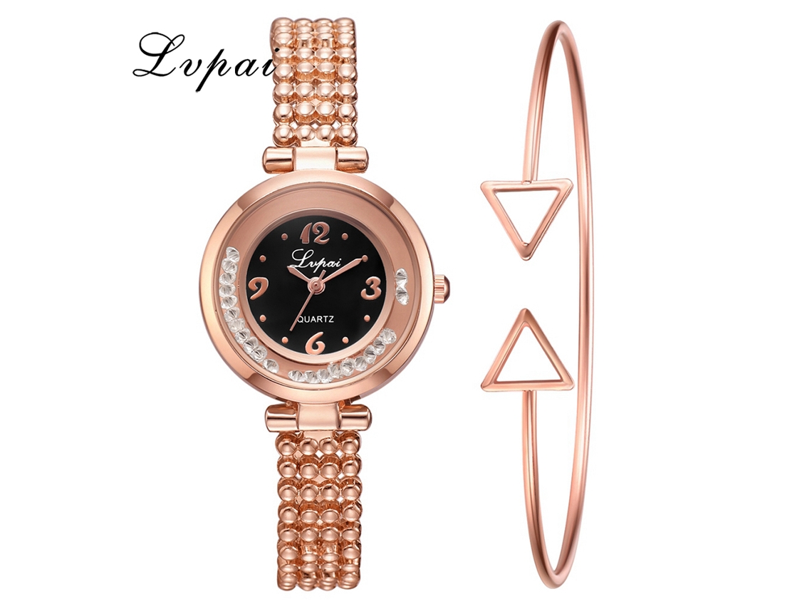 Reloj De Pulsera De Cuarzo Informal Para Mujer Con Elegante Brazalete De Diamantes De Imitación, Oro Rosa, Negro.