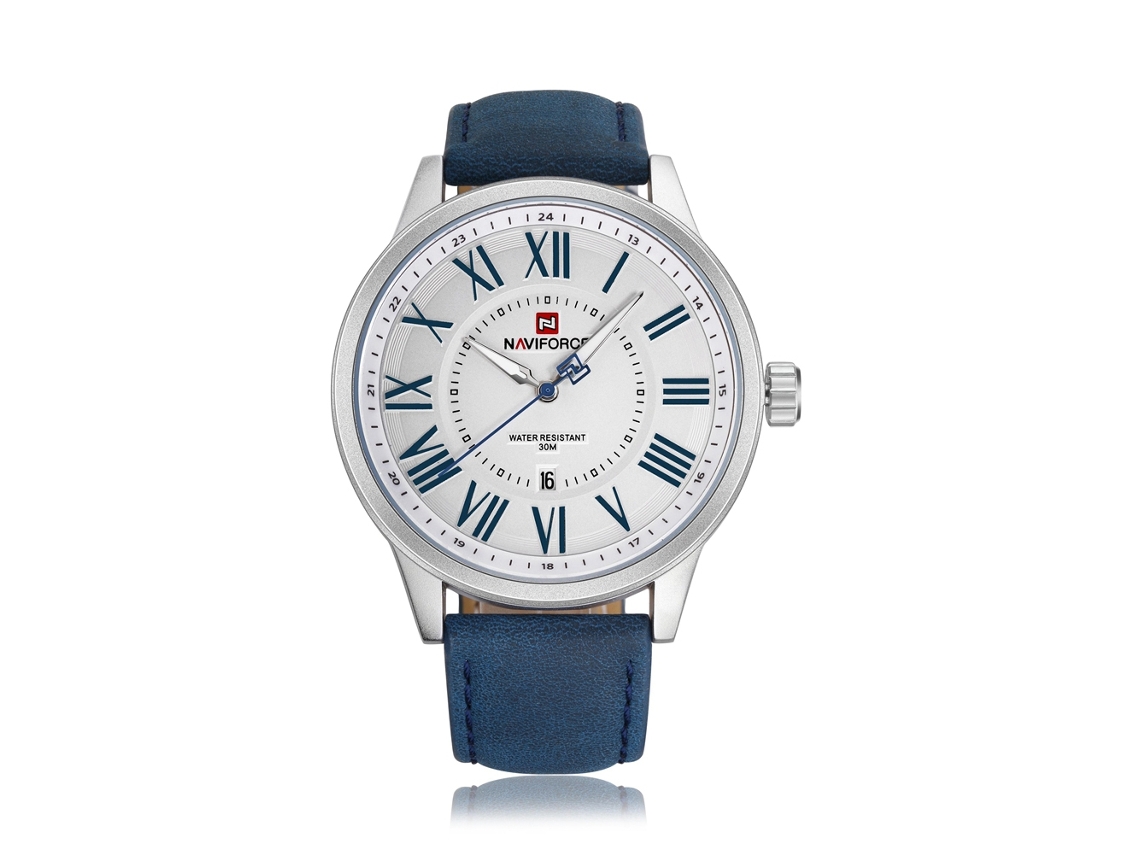 Reloj De Cuarzo Impermeable Naviforce Para Hombre Con Correa De Pu, Elegante En Blanco Y Azul.