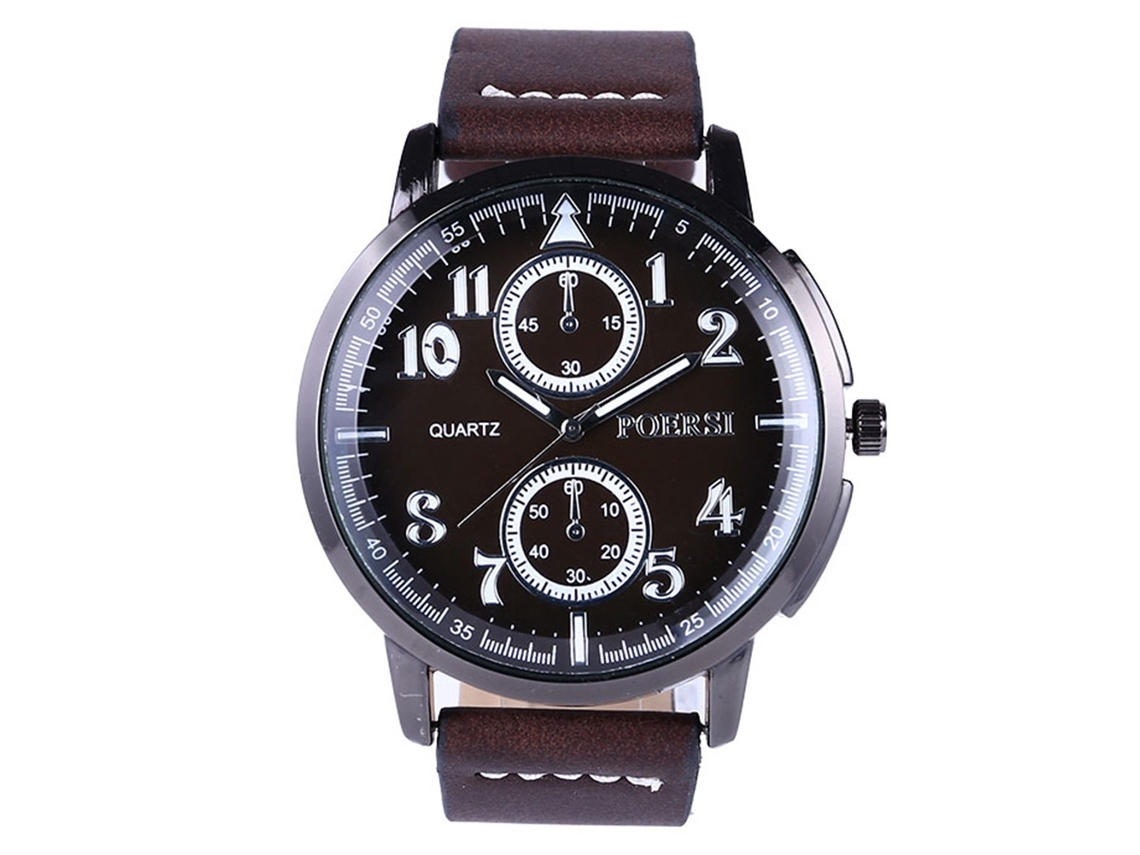 Reloj De Pulsera Redondo Dorado Para Hombre Con Correa De Piel Sintética Y Movimiento De Cuarzo Marrón Oscuro.