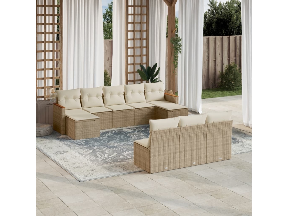 Conjunto de sofá de jardín de 10 piezas con cojines, mimbre sintético beige, Dkd Home Decor